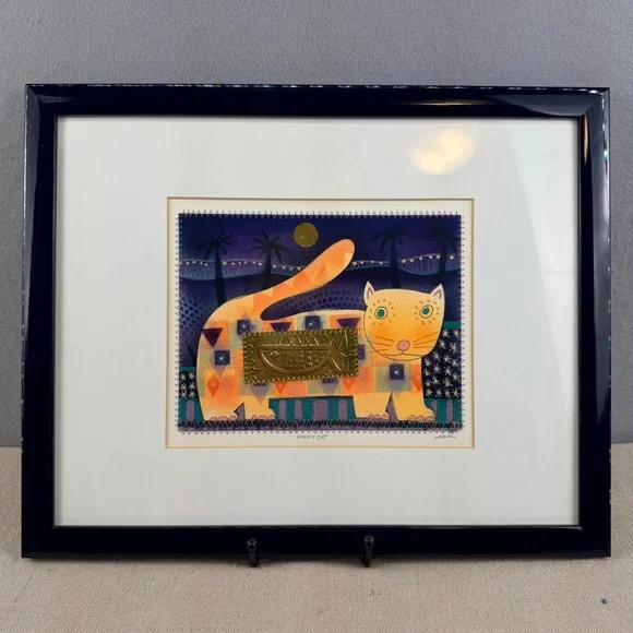 Terry McIlrath Joule Happy Cat Mixed Media Painting Embroidery Gold Foil Framed