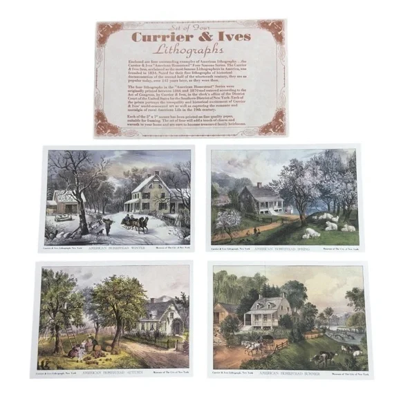 Set of 4 Currier & Ives Lithographs – “American Homestead” Seasons Collection