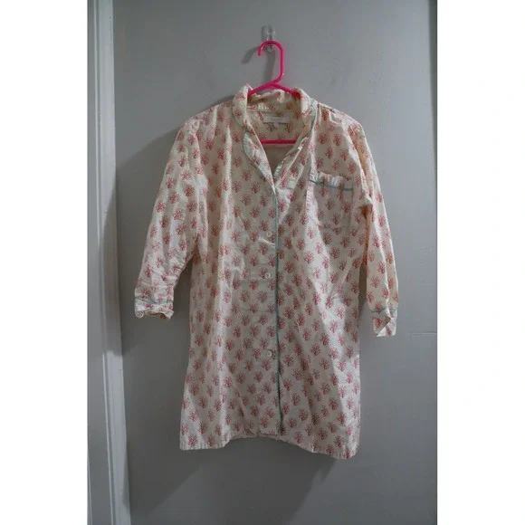 Marigot Sleepshirt Coral Print Button Up Nightgown‎ Pajamas Size S