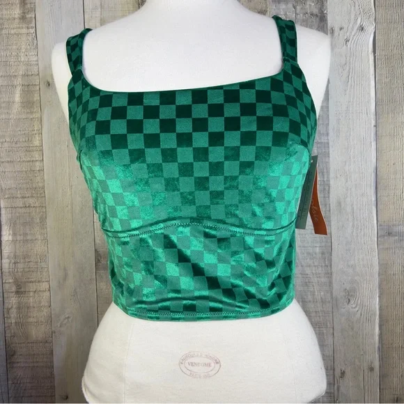 Colsie Size Small Green Velvet Checkered Crop Top Bralette W/Adjustable …