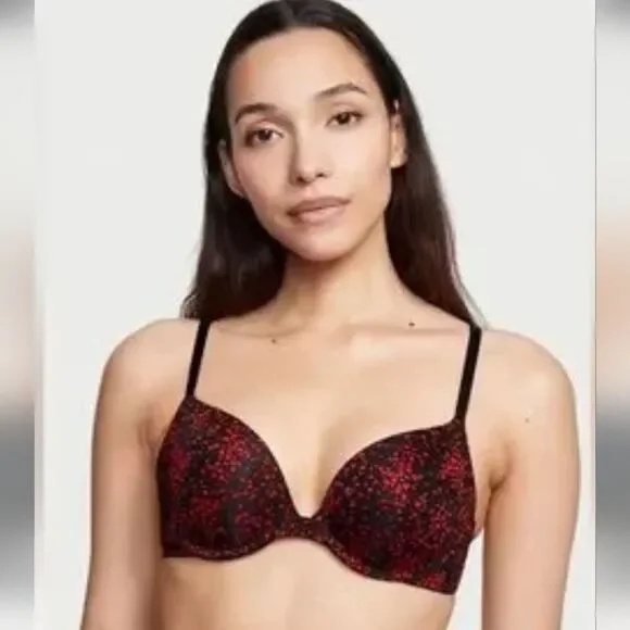 Victorias Secret Push Up Bra In Black & Red Heart Pattern Size 38DD