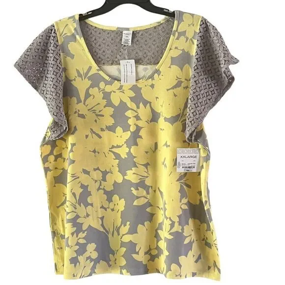 Liz Claiborne Women's Floral Lace Sleepwear Top Yellow Gray Comfortable Size XXL