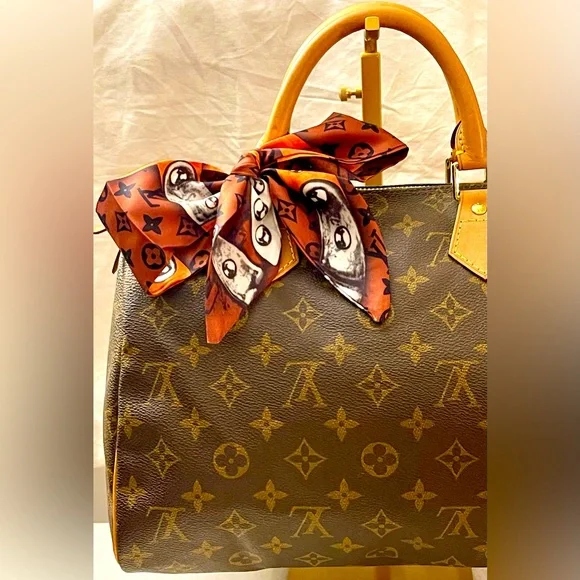 Orange Black Brown Monogram and Chains Print Twilly Bandeau Wrap Scarf