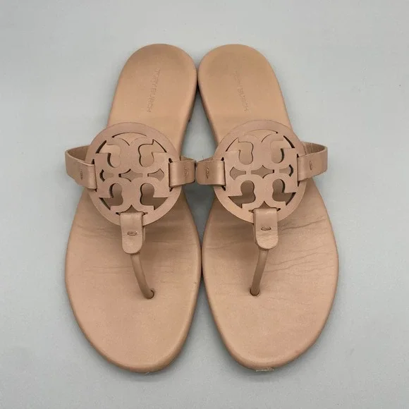 Tory Burch Miller Sandals Womens 10 Beige Leather Logo Thong Flats Preppy Clssic
