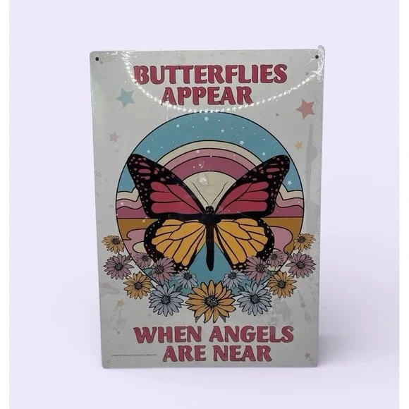 Butterflies Appear When Angels Are Near Metal Sign Wall Decor Colorful Tin Art