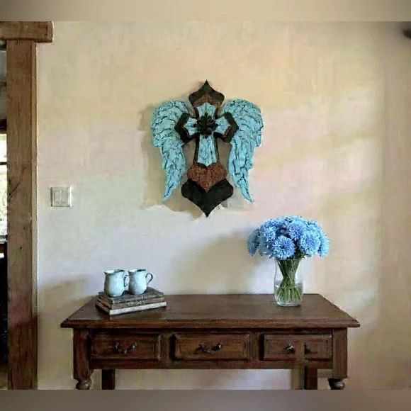 Wooden Angel Wings Cross Blue, Brown and Black Cross With Wings Wall Decor