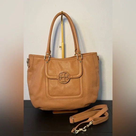 Tory Burch Amanda Pebbled Leather Tote Crossbody Bag Camel Tan