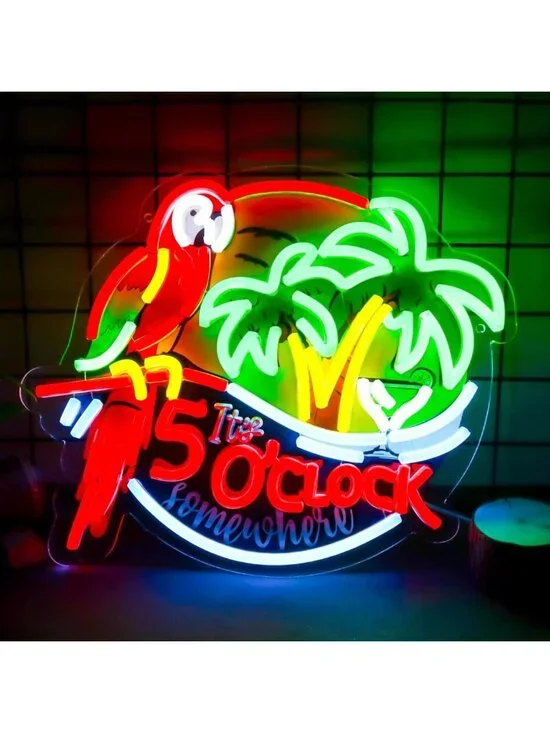 Neon Parrot Wall Sign - 5 O'Clock Somewhere Decor for Bar, Pub & Game Room