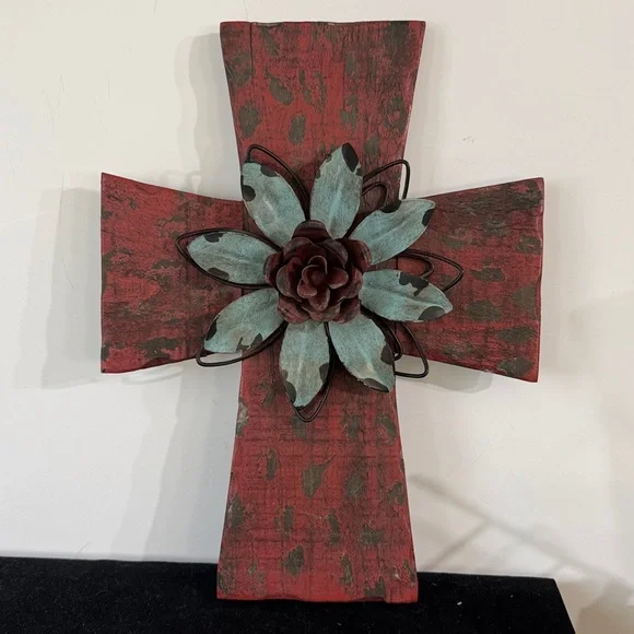 Rustic Red Wooden Cross with Recycled Metal Flower Farmhouse Style