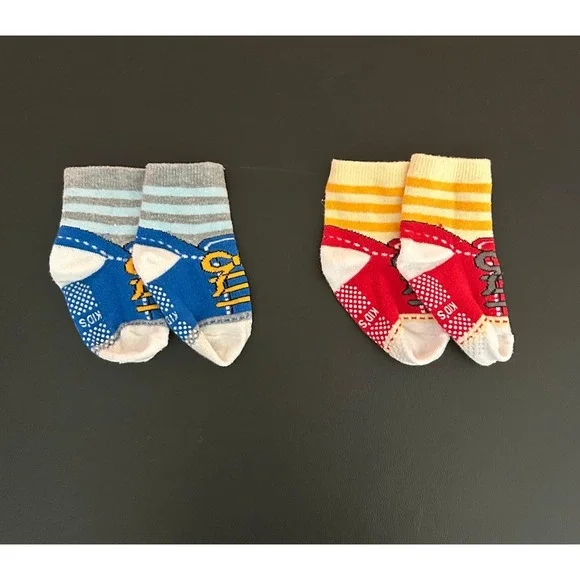 Kids Basic Sneaker Print Non Slip Socks 2 Pair Set Red Blue Striped Toddler 1405