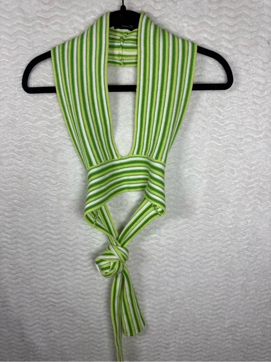 Cider striped halter top features a distinctive tie-back design vibrant green