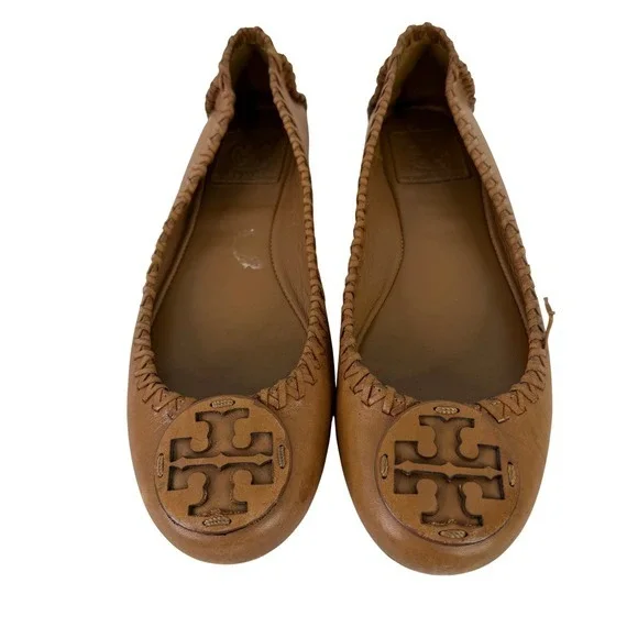 Tory Burch Reva Tan Leather‎ Whipstitch Ballet Flats Logo Shoes Womens 7.5M