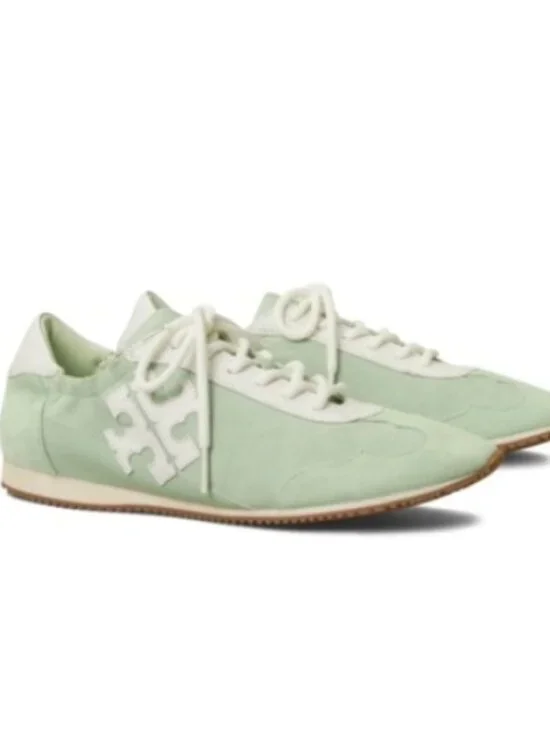 Tory Burch Mint Green White Suede Leather Logo Sneakers Women's 9.5