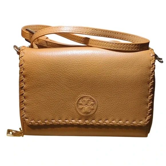 Tory Burch Miller Wallet on Chain Tan Pebble Leather Whipstitch Crossbody Bag