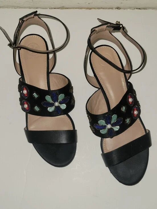 Tory Burch Estella Embellished Black Wedge Sandals EUC Boho Coastal Coquette
