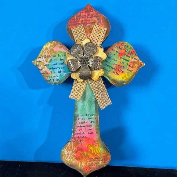 Colorful Decorative Cross with Burlap and Flower Accent