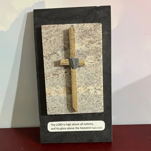 Handmade Stone Cross and tile Wall Art with Psalm 113:4