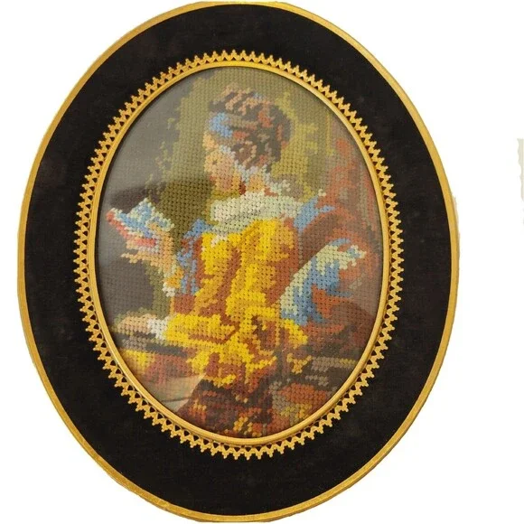 Vintage Handmade Needlepoint Portrait Oval Velvet And Brass Ormolu Wood Frame