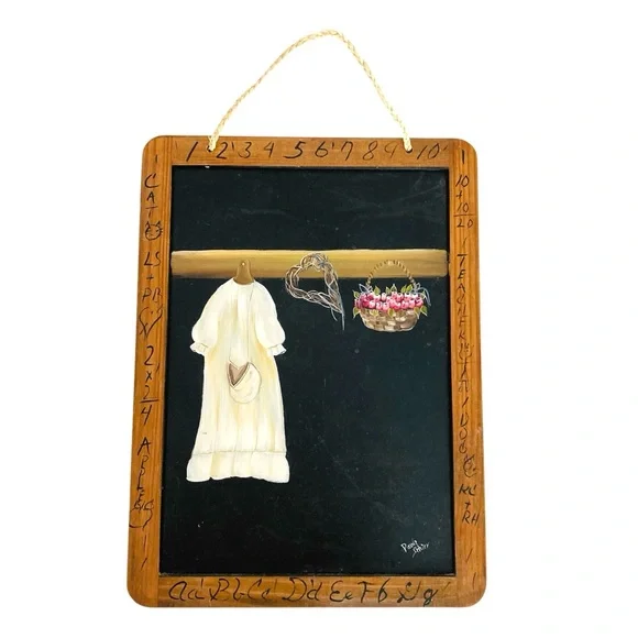 Hand-Painted Wall Hanging Chalkboard with Dress & Basket Folkart by Paula Schier