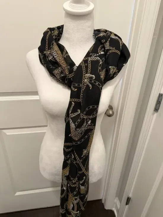 Black Leopard Chain Print Scarf 21x72 Animal Print Fringe Lightweight Wrap Shawl