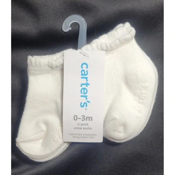 Carters Oeko-Tex 6 Pack Crew Socks - White - Baby Size 0-3 Months
