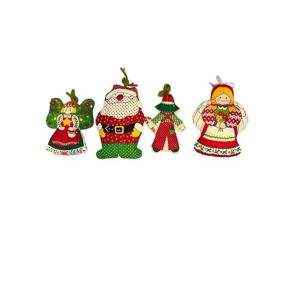 Vintage‎ Set of 4 Patchwork 70s Stuffed Handmade Kitchy Christmas Ornamants