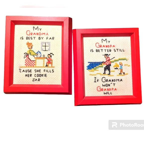 Vintage Cross Stitch Red‎ framed Country GRANDPARENTS Needlepoint Framed Country