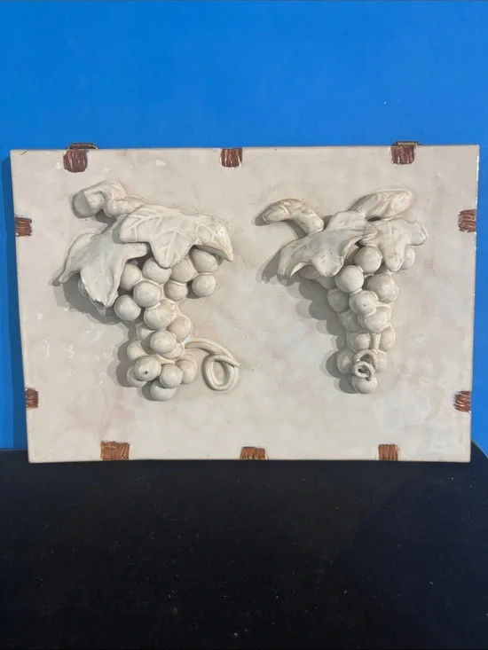 Vintage Ceramic Bunch of Grapes Sculpture on tile wall hanging