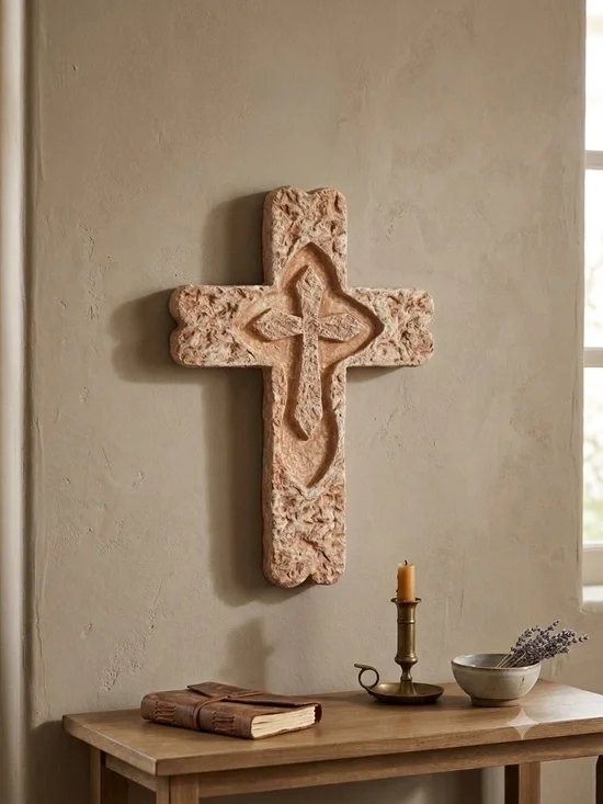 Carved Stone style Wall Cross - Warm Terracotta Finish