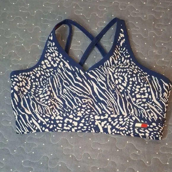 Tommy Hilfiger Blue and White Sports Bra with Strappy Back size small
