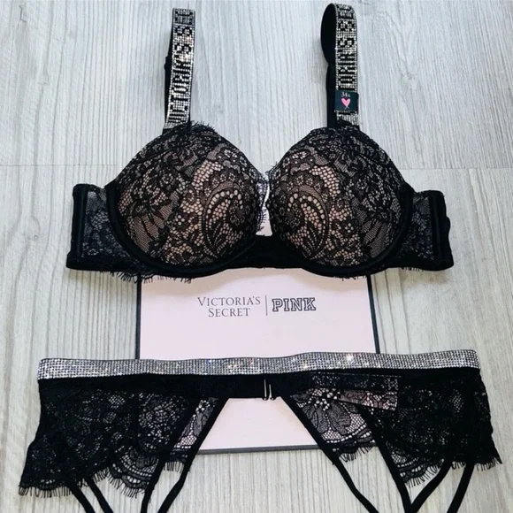 💎VS Very Sexy Black Lace Bling Push Up Bra With Matching Garter Belt Set NWT✨