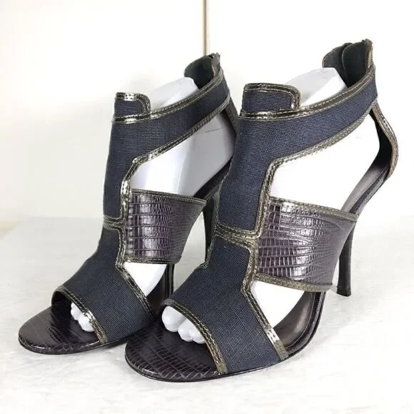 Tory Burch Women's US 10M Blue Canvas Leather Animal Print Cut-Out Heeled Sandal