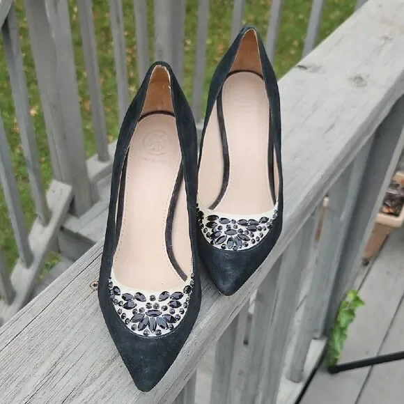 Tory Burch Delphine Rhinestone Heels – Black Suede, Size 7 ✨