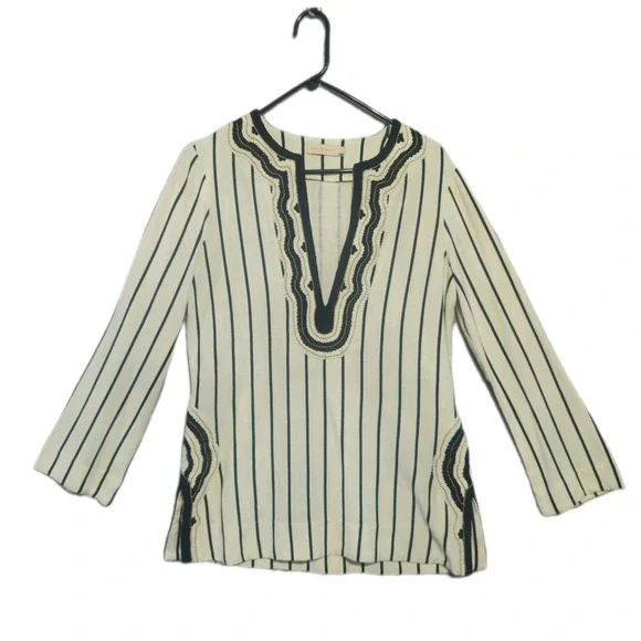 Tory Burch Womens Striped Embroidered Tunic Size 4 Cream Navy Blue Boho Split
