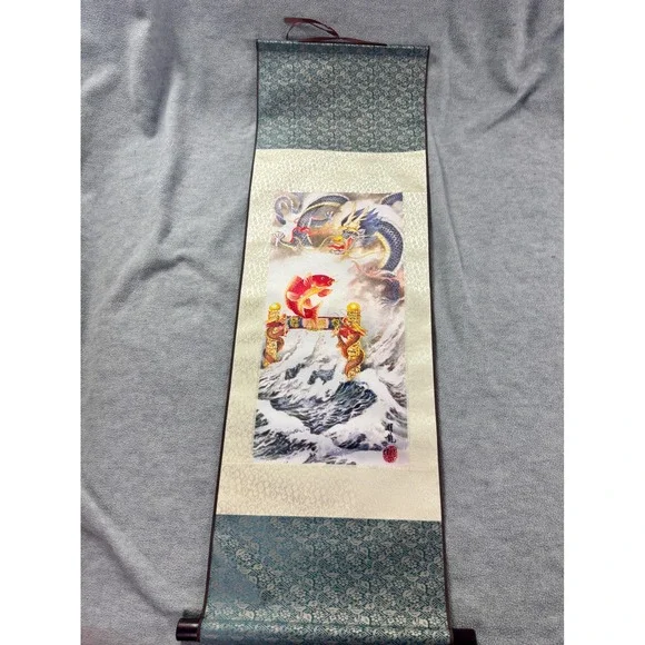 Chinese Wall Scroll Red Koi Fish Leaping Dragon Gate Silk Brocade Hanging Art