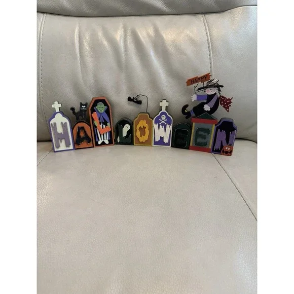 VTG Happy Halloween Letter Block Shelf Decor Witch Ghost Vampire Bats