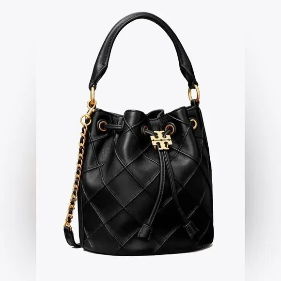 Tory Burch Small Fleming Soft Bucket Bag, Black, NWT