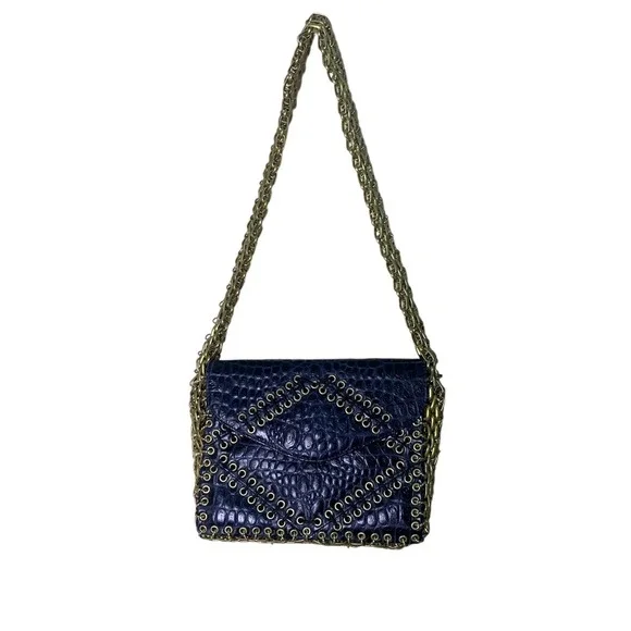 Tory Burch Shoulder Bag Womens Small Navy Croc Embossed Chainmail Gusset Runway