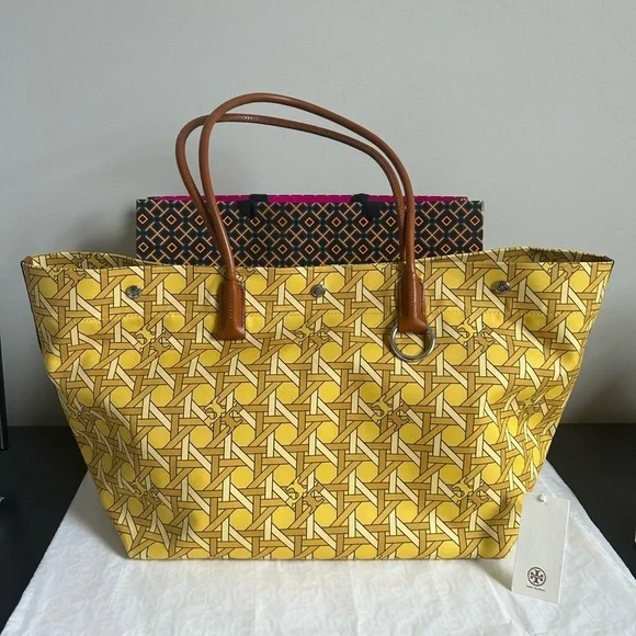 Tory Burch Canvas Basketweave Tote Bag Saffron Basketweave Gold Yellow Brown