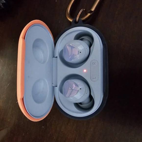 Samsung Galaxy Buds in Blue and Orange Case