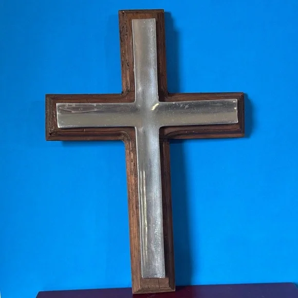 Vintage Rustic Wooden and Silver Metal Cross