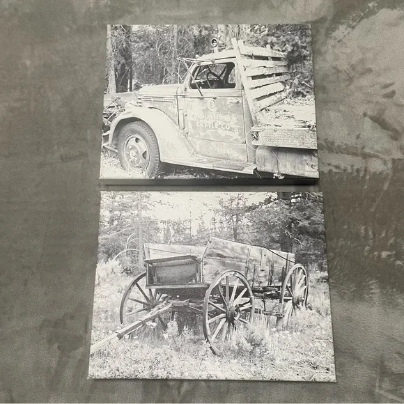 CafePress Vintage Farmhouse Canvas Art 11x14 Set of 2 Truck Wagon Black White