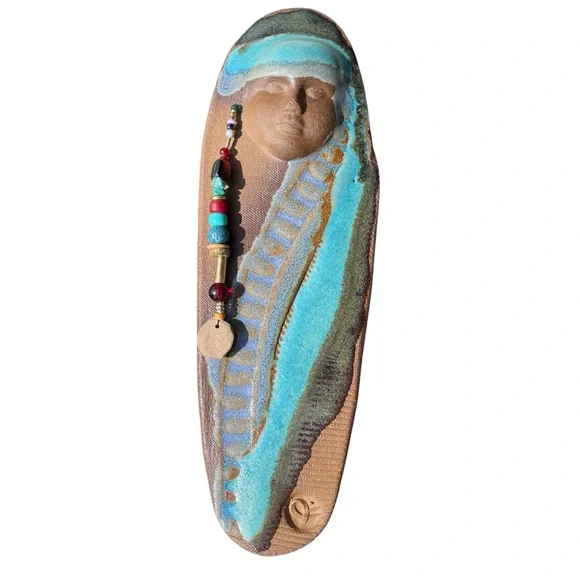 Handcrafted Wall Art Bead Face Pottery Clay Native American Style Artist Stamped