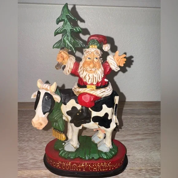 Vintage David Frykman Santa On Holstein Tree Riding Cow Sculpture Figurine