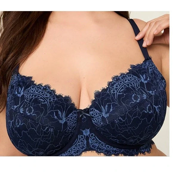 NWT Cacique Unlined Balconette Bra Maritime Blue Lace Size 46DDD 46F