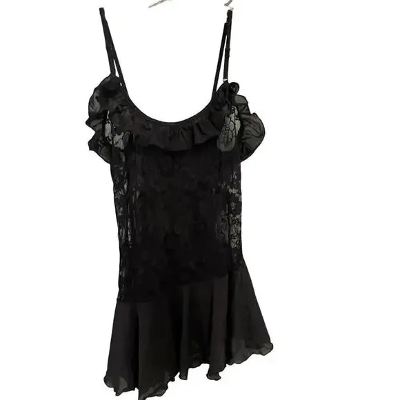 Black Lace Teddy Chemise Size Small Lingerie Floral Ruffle Stretch