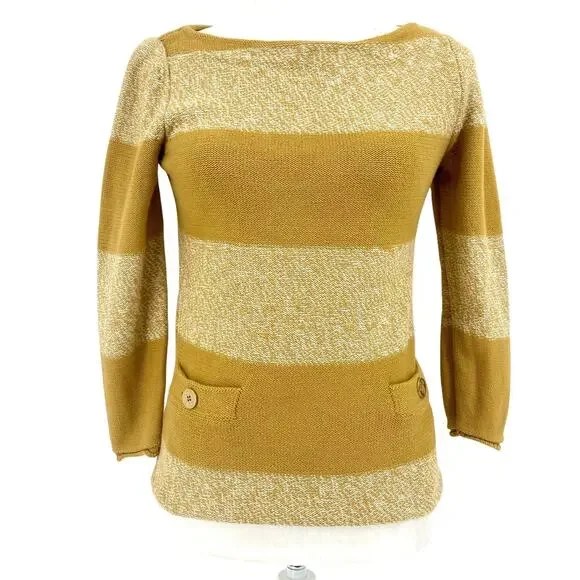 Tory Burch Women’s XS Gold Yellow Striped Cotton Pullover Sweater Pockets Button