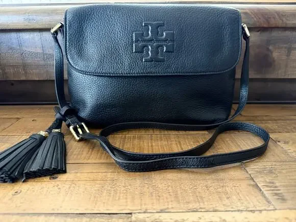 TORY BURCH Crossbody Bag Women's Black Pebbled Leather Tassel Logo Shoulder