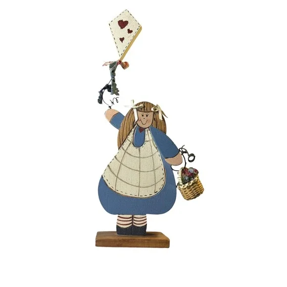 Primitive Country Girl Kite Flower Basket Wooden Figurine Decor Cottagecore‎