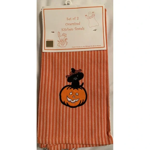 Folk Art Cat Pumpkin Halloween Tea Kitchen Towels Set of 3 NEW